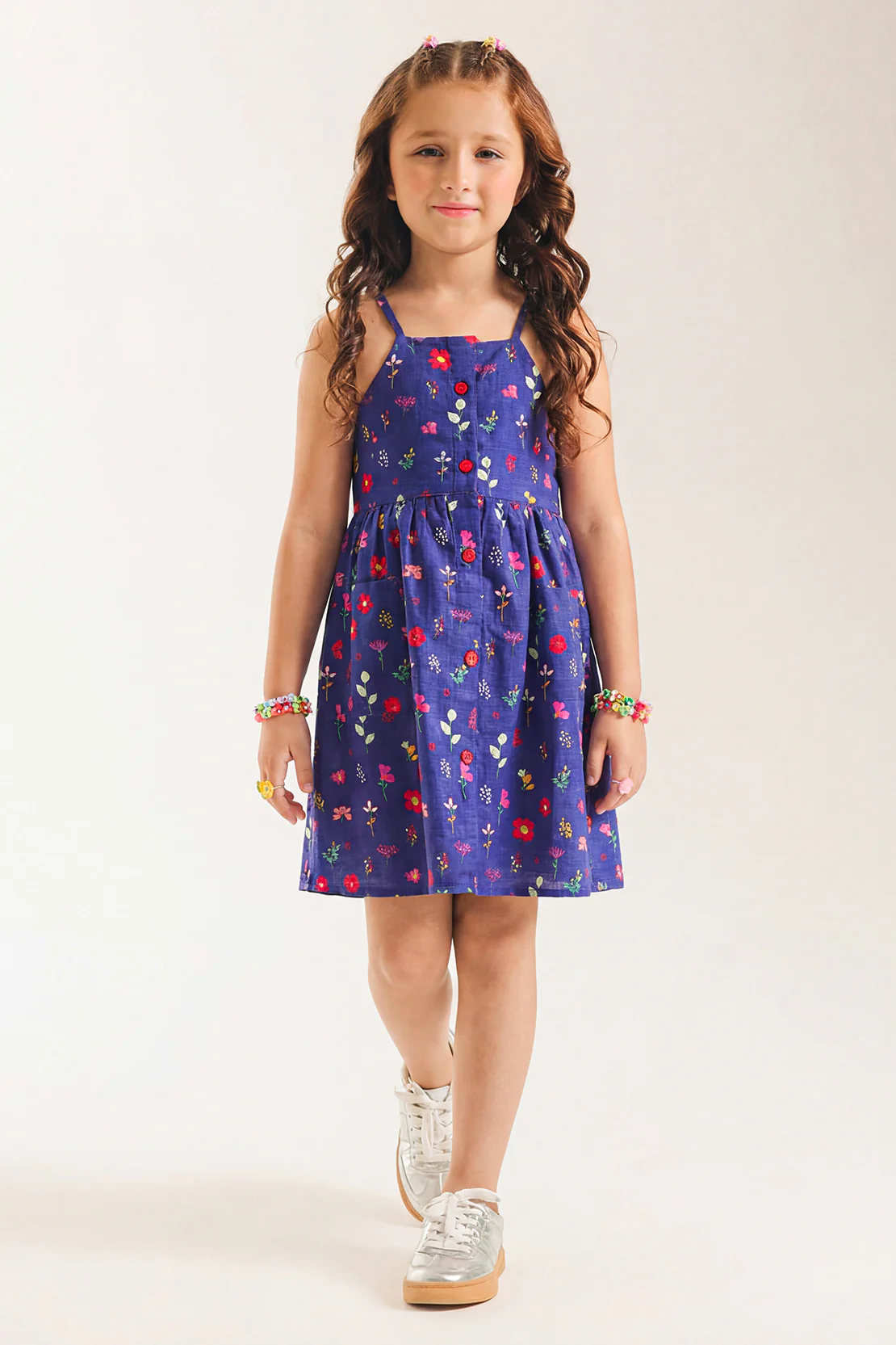 Stitched Cotton Dobby Sleeveless Tier Panel Floral Dress For Kid's - Image 2