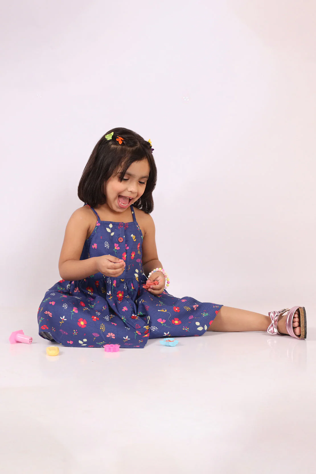 Stitched Cotton Dobby Sleeveless Tier Panel Floral Dress For Kid's - Image 3