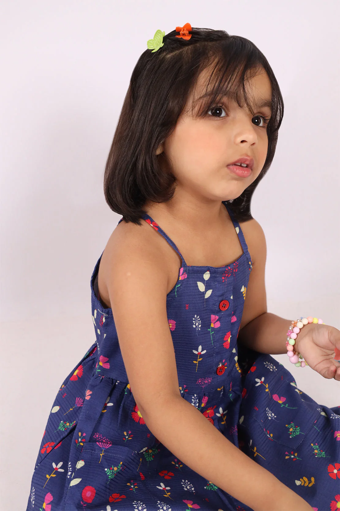 Stitched Cotton Dobby Sleeveless Tier Panel Floral Dress For Kid's - Image 4
