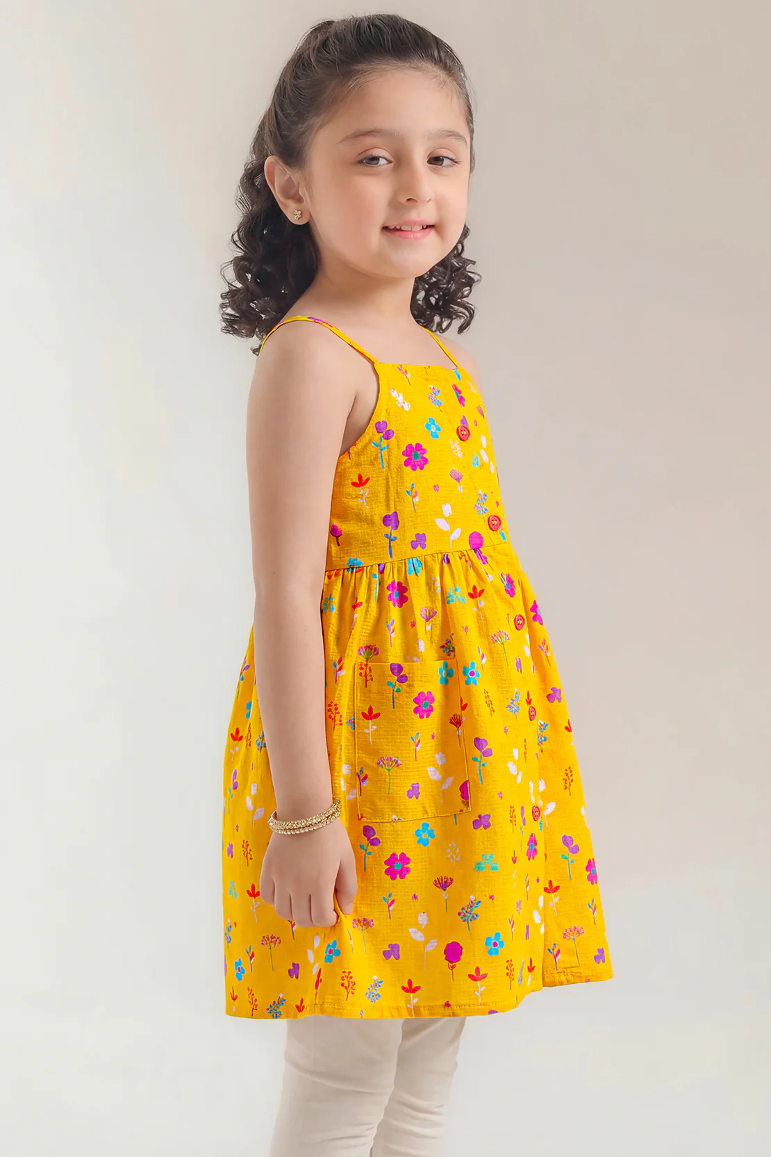 Stitched Cotton Dobby Sleeveless Tier Panel Floral Dress For Kid's - Image 2
