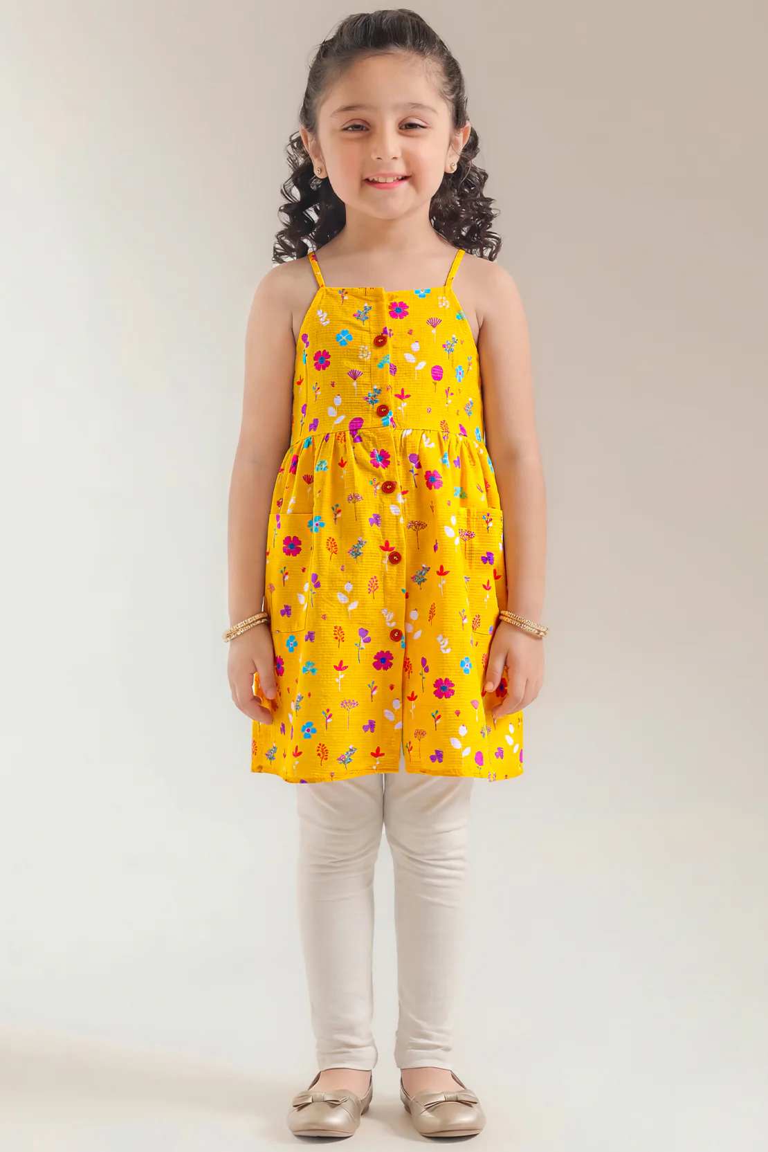 Stitched Cotton Dobby Sleeveless Tier Panel Floral Dress For Kid's - Image 3