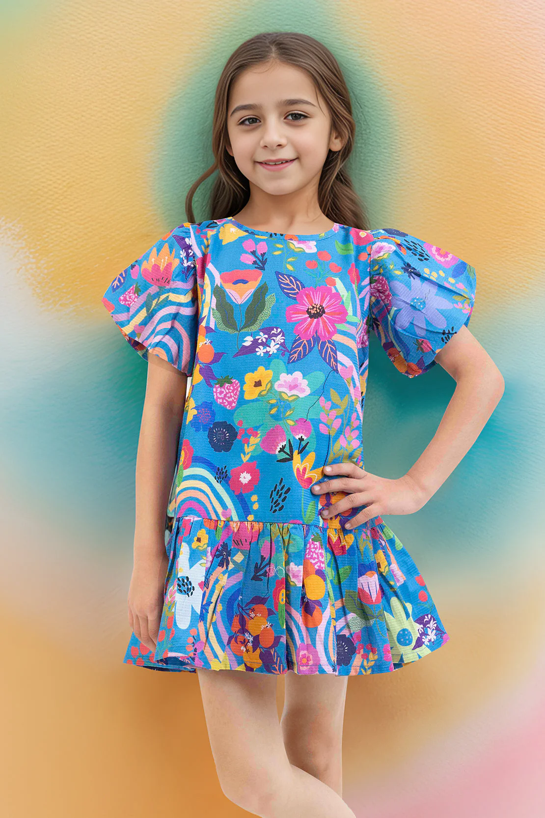 Stitched Cotton Dobby Tier Panel Dress With Balloon Sleeves For Kids - Image 2