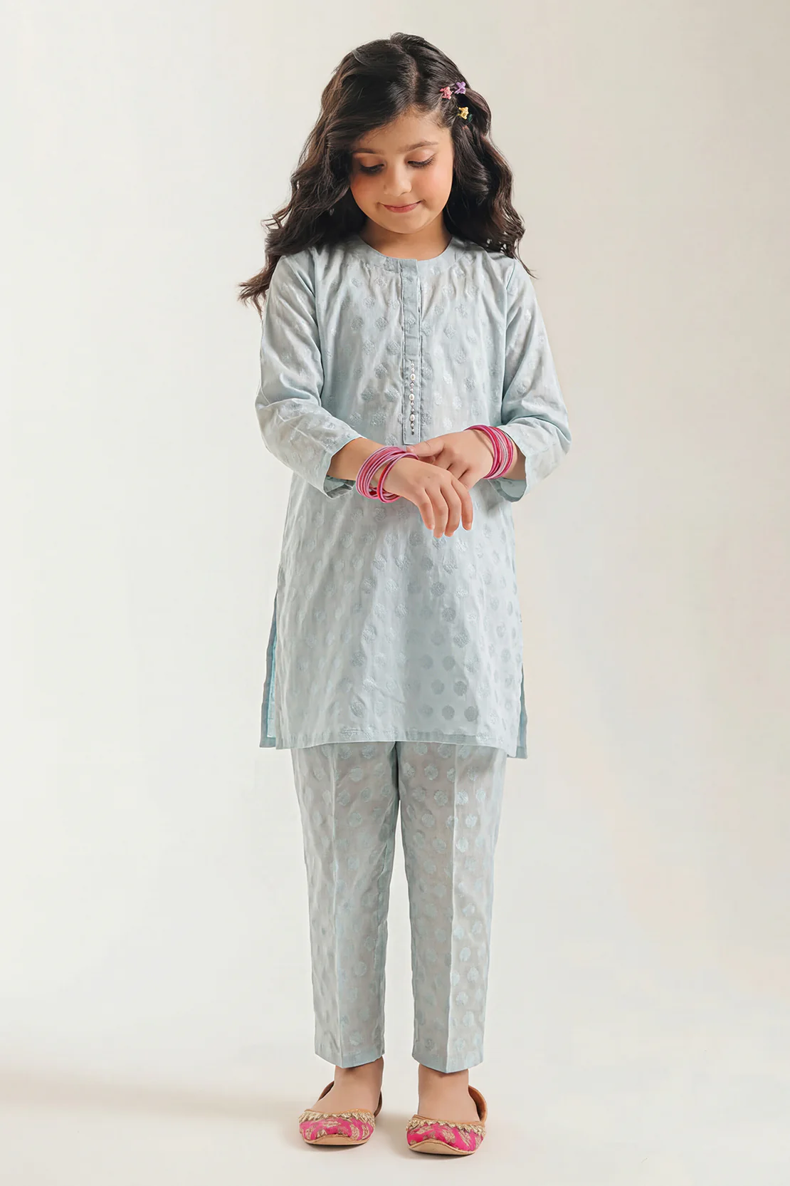 Stitched Cotton Jacquard Shirt For Kids
