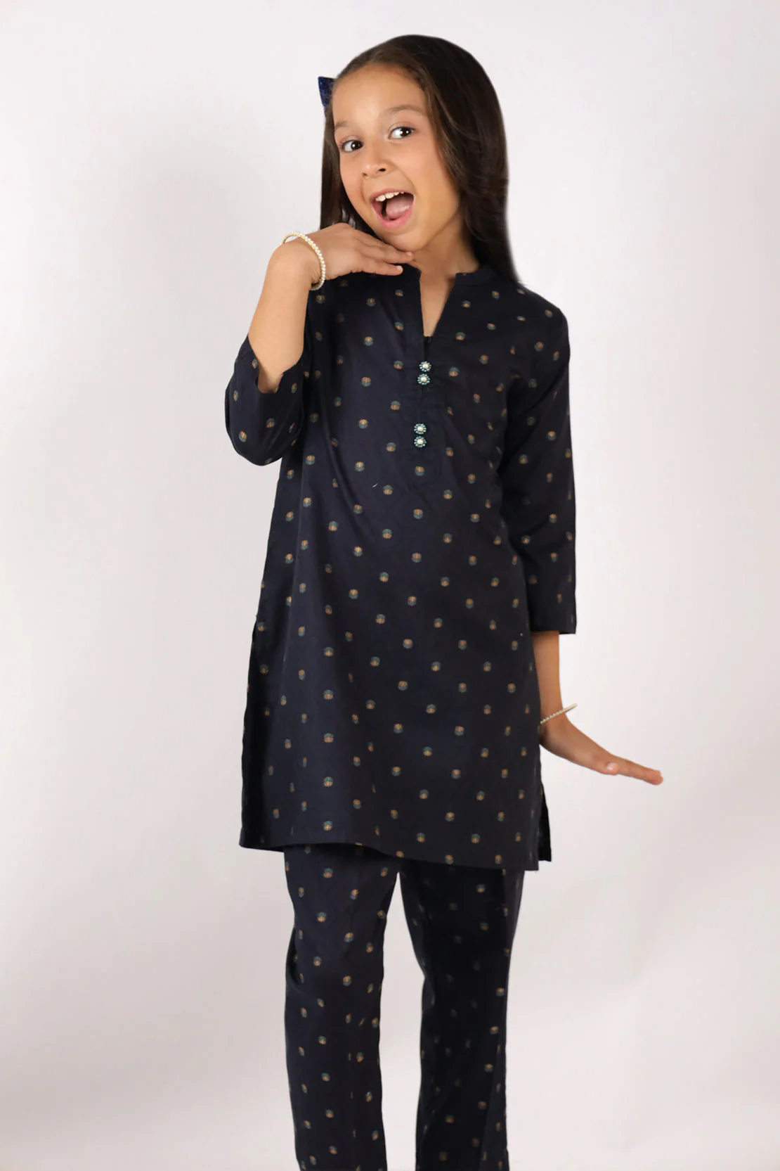 Stitched Cotton Jacquard Shirt/Trouser For Kids - Image 2