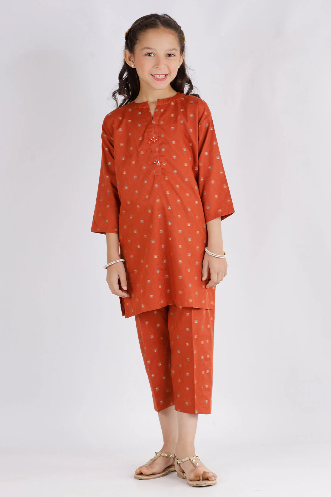 Stitched Cotton Jacquard Shirt/Trouser For Kids