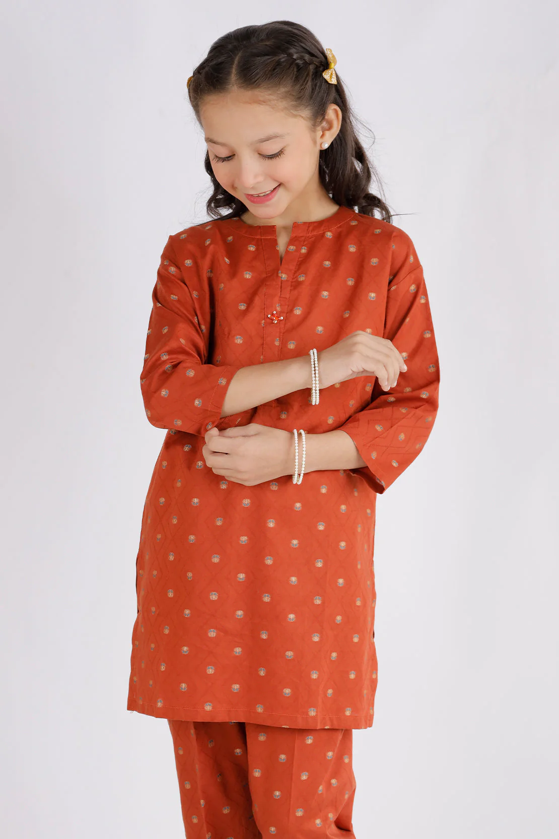Stitched Cotton Jacquard Shirt/Trouser For Kids - Image 2