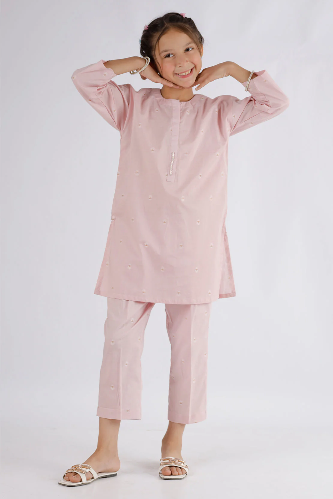Stitched Cotton Jacquard Shirt/trouser For Kids
