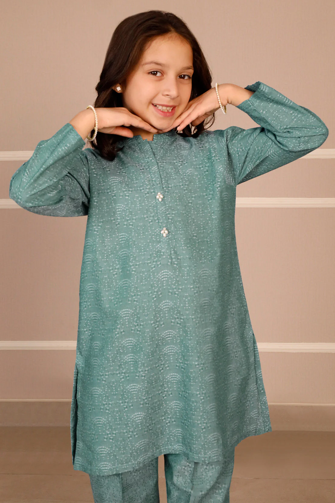 Stitched Cotton Jacquard Shirt/trouser For Kids