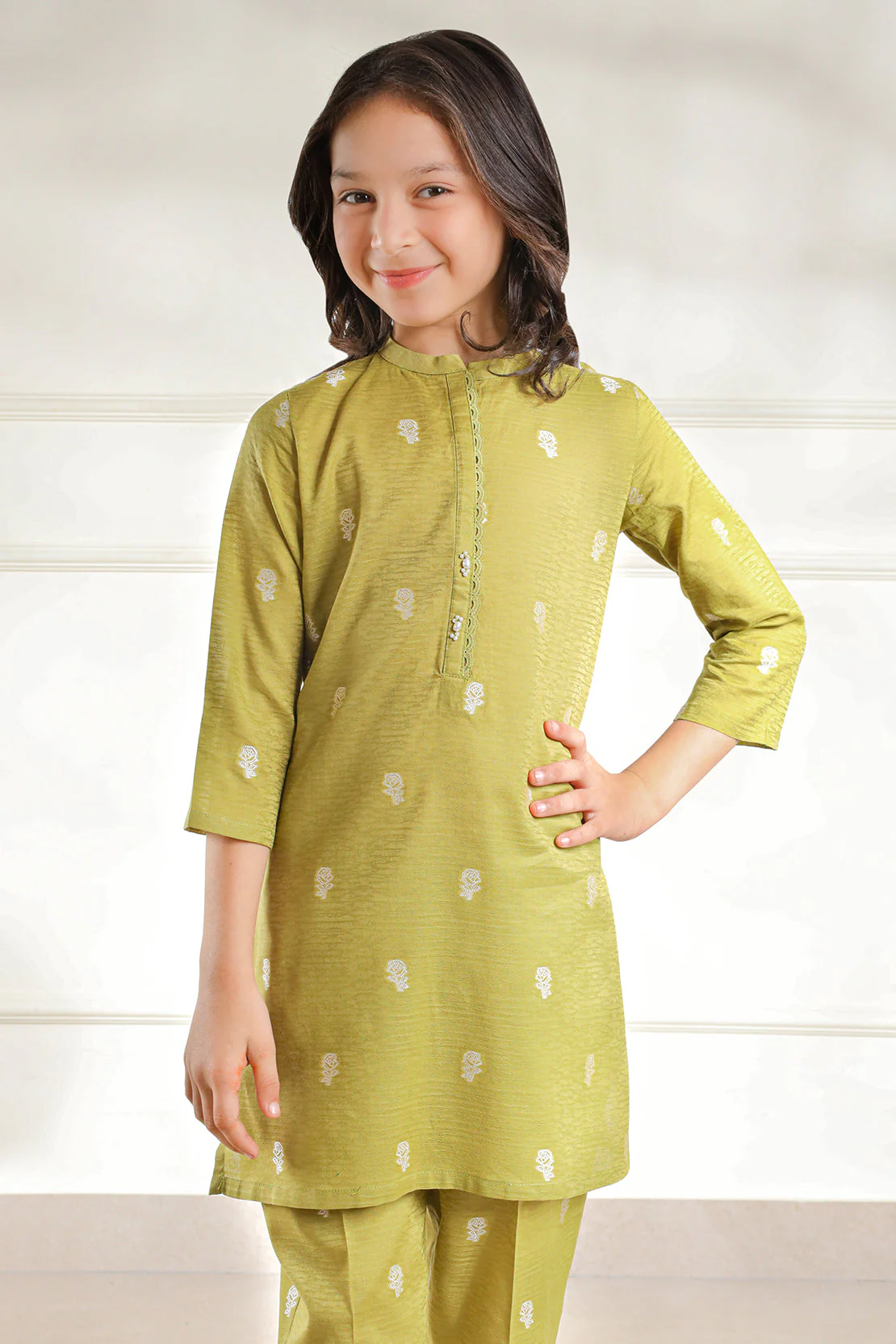 Stitched Cotton Jacquard Shirt/trouser For Kids