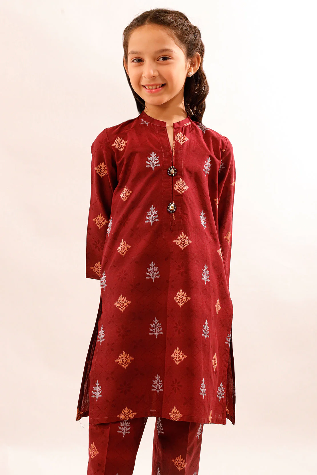 Stitched Cotton Jacquard Shirt/trouser For Kids