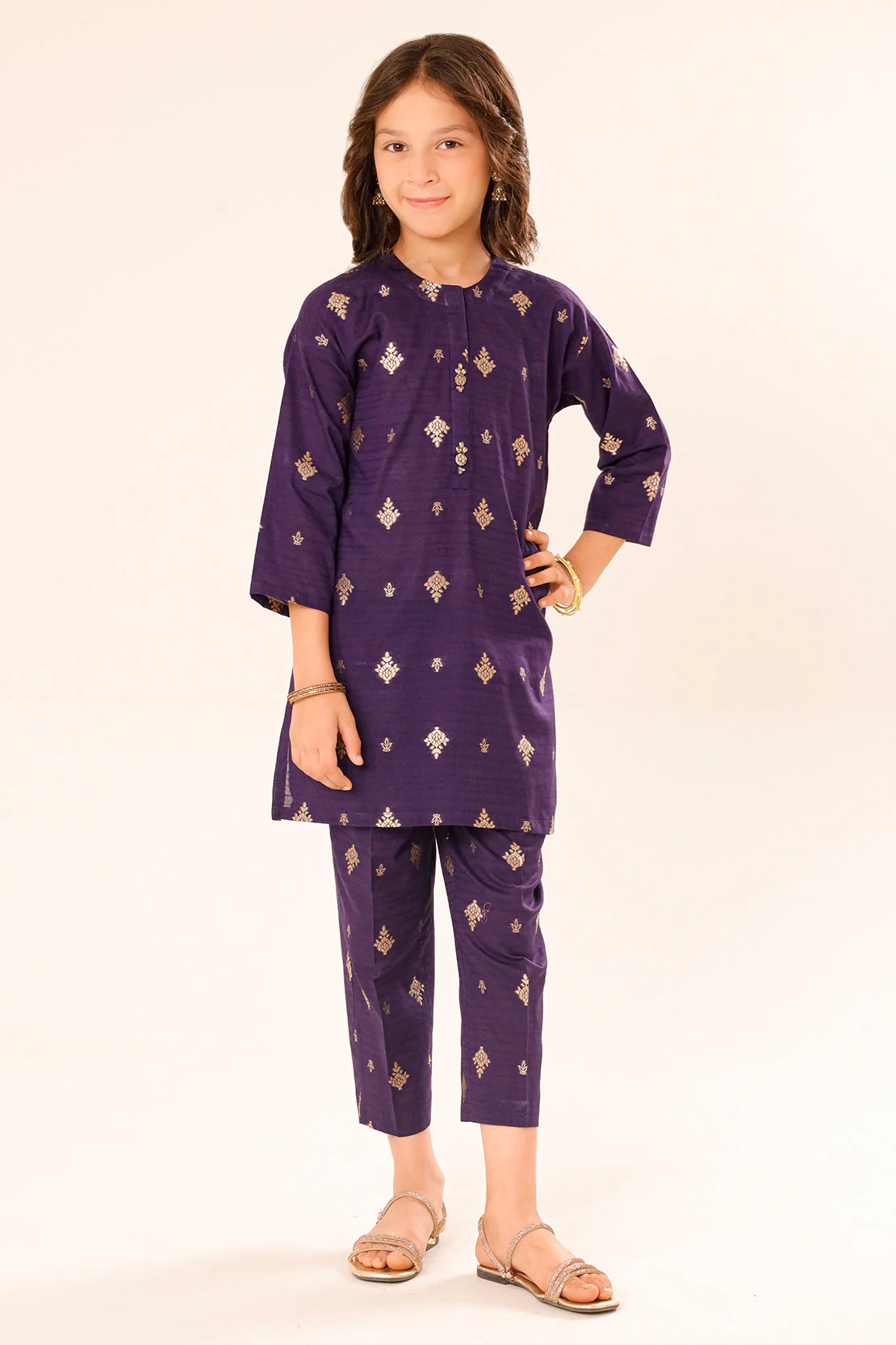 Stitched Cotton Jacquard Shirt/trouser For Kids