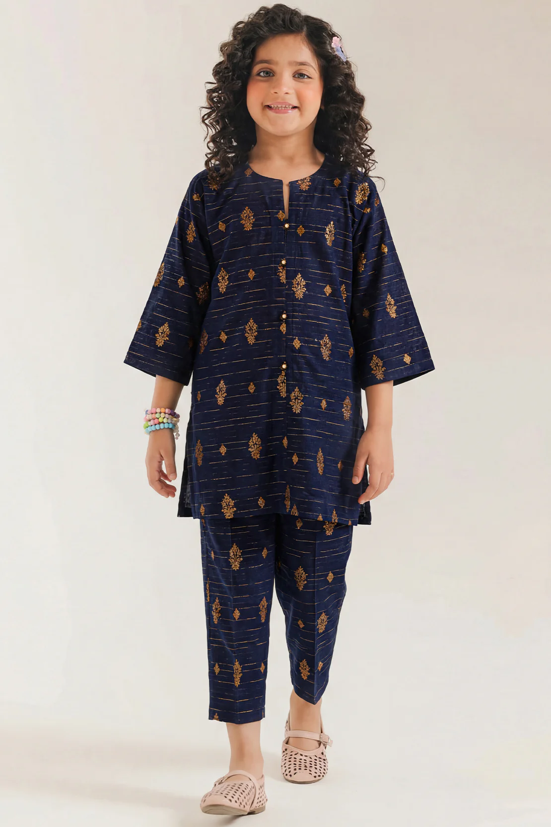 Stitched Cotton Jacquard Shirt/trouser For Kids
