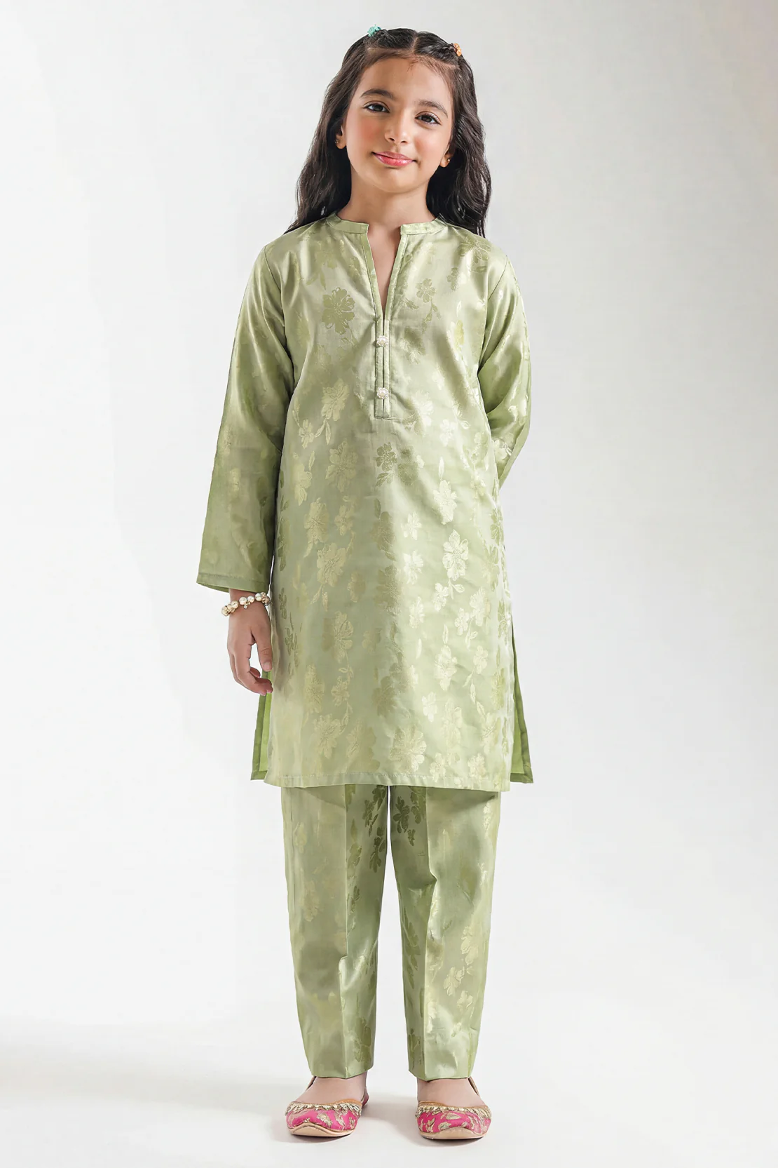 Stitched Cotton Jacquard Shirt/trouser For Kids