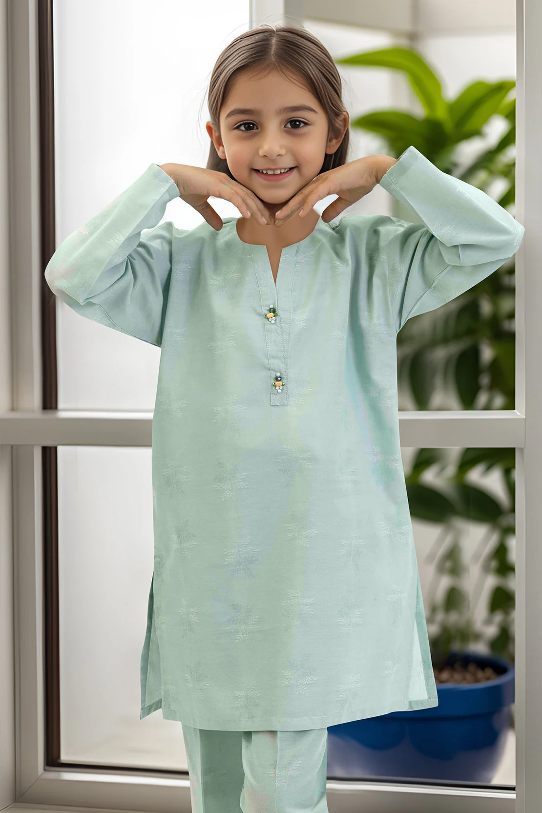 Stitched Cotton Jacquard Shirt/trouser For Kids - Image 2