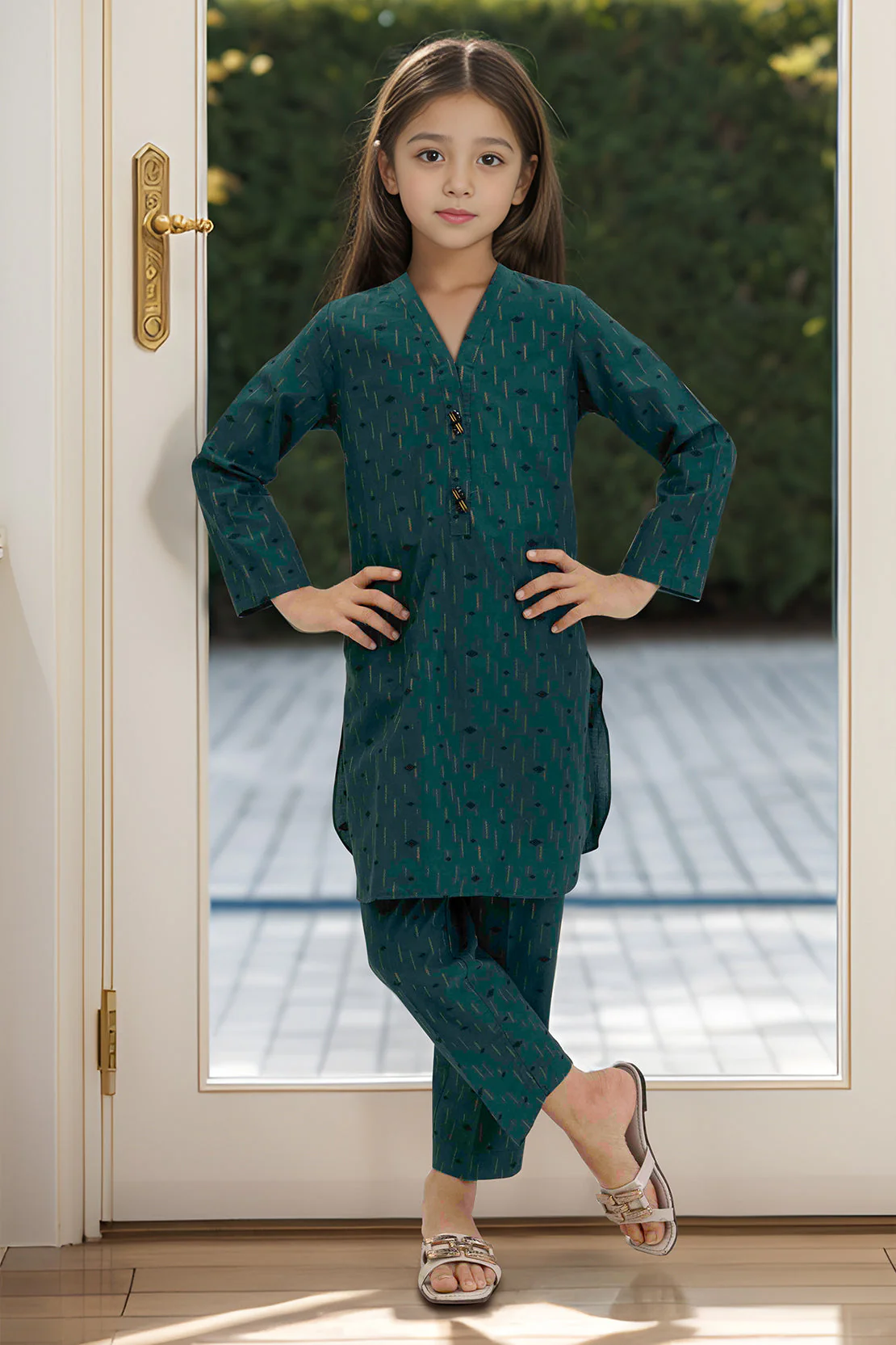 Stitched Cotton Jacquard Shirt/trouser For Kids - Image 2