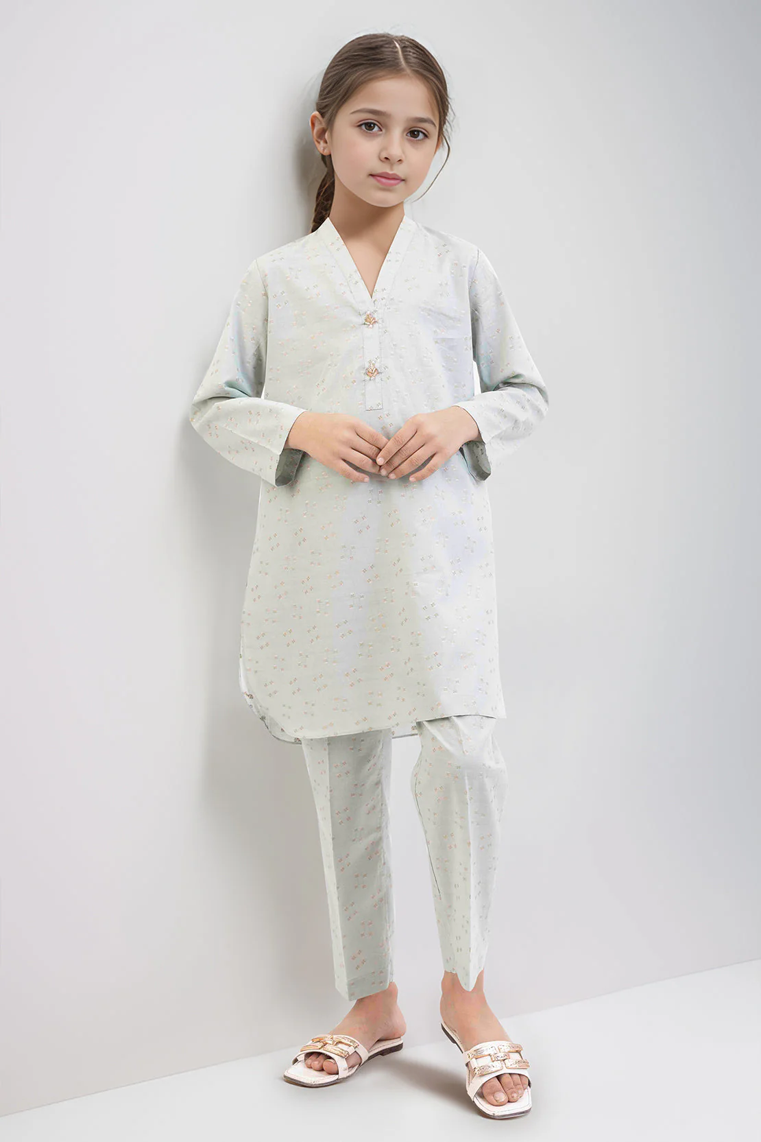 Stitched Cotton Jacquard Shirt/trouser For Kids