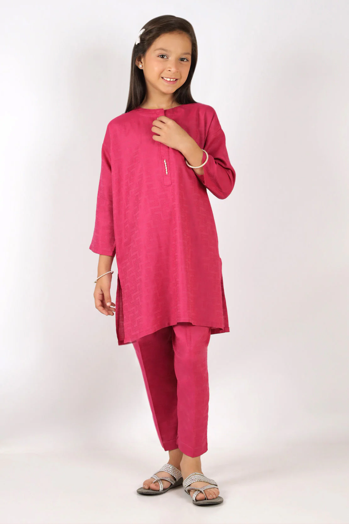 Stitched Cotton Jacquard Shirt/trouser For Kids
