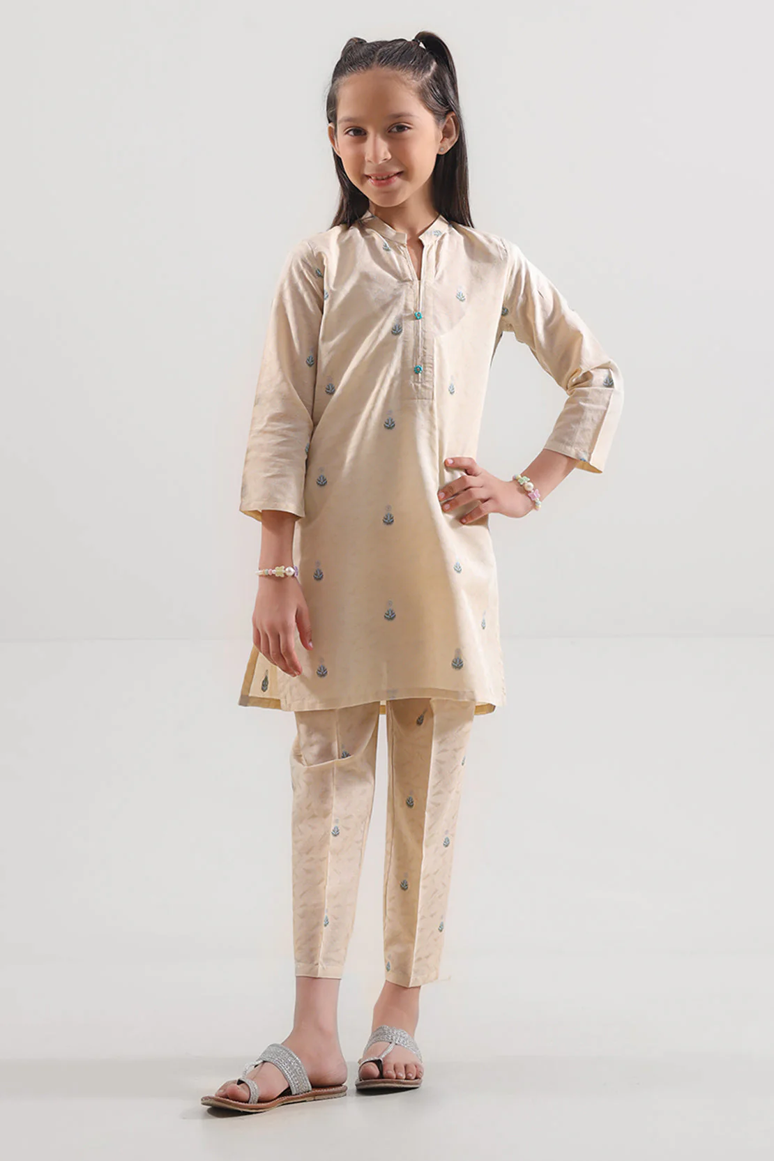 Stitched Cotton Jacquard Shirt/trouser For Kids