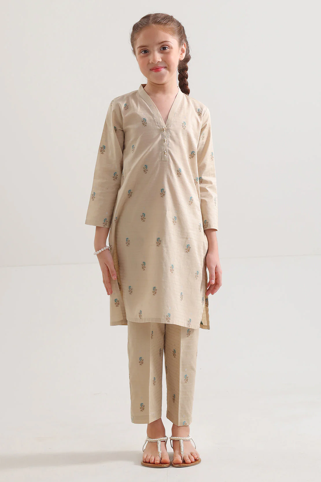 Stitched Cotton Jacquard Shirt/trouser For Kids