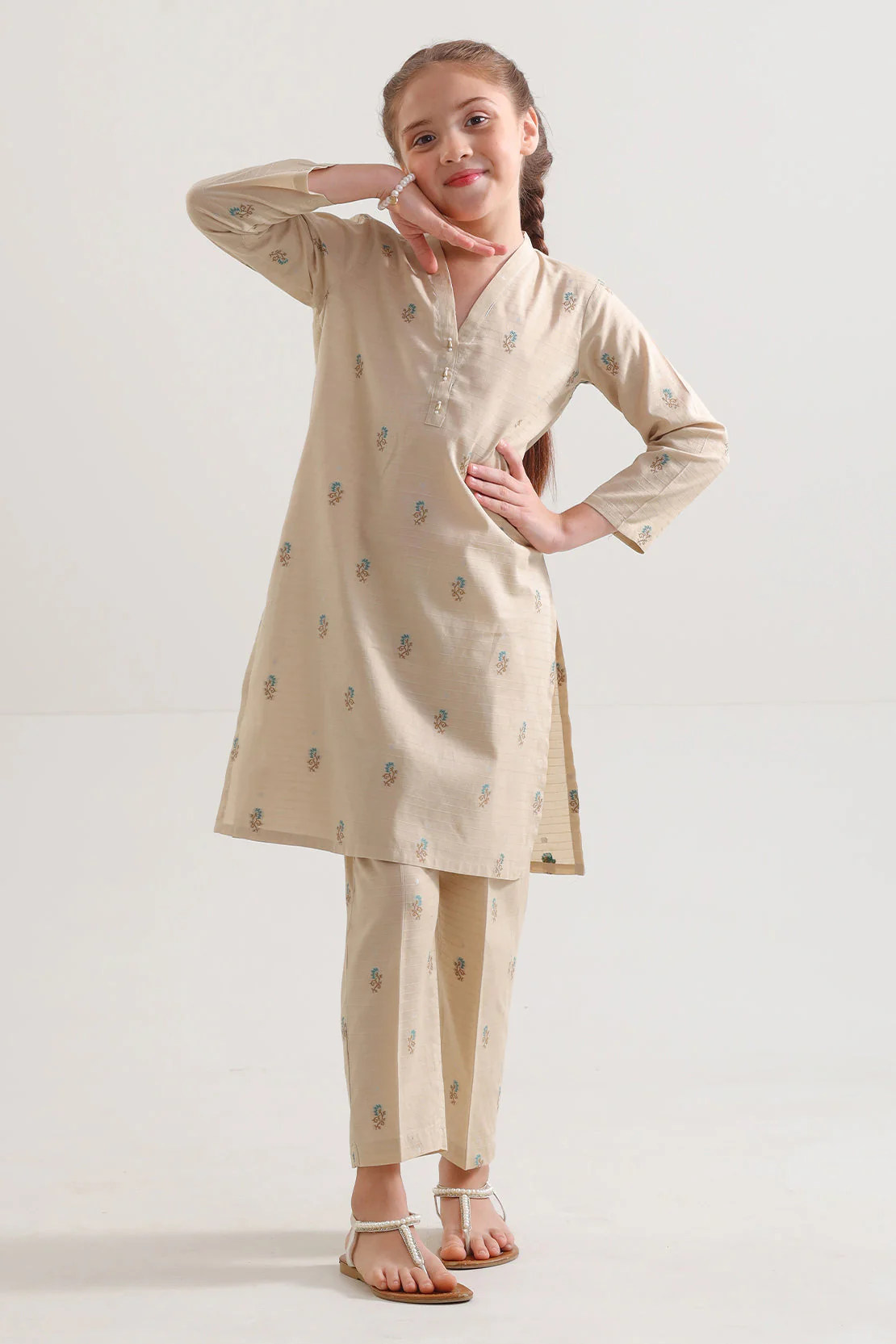 Stitched Cotton Jacquard Shirt/trouser For Kids - Image 3