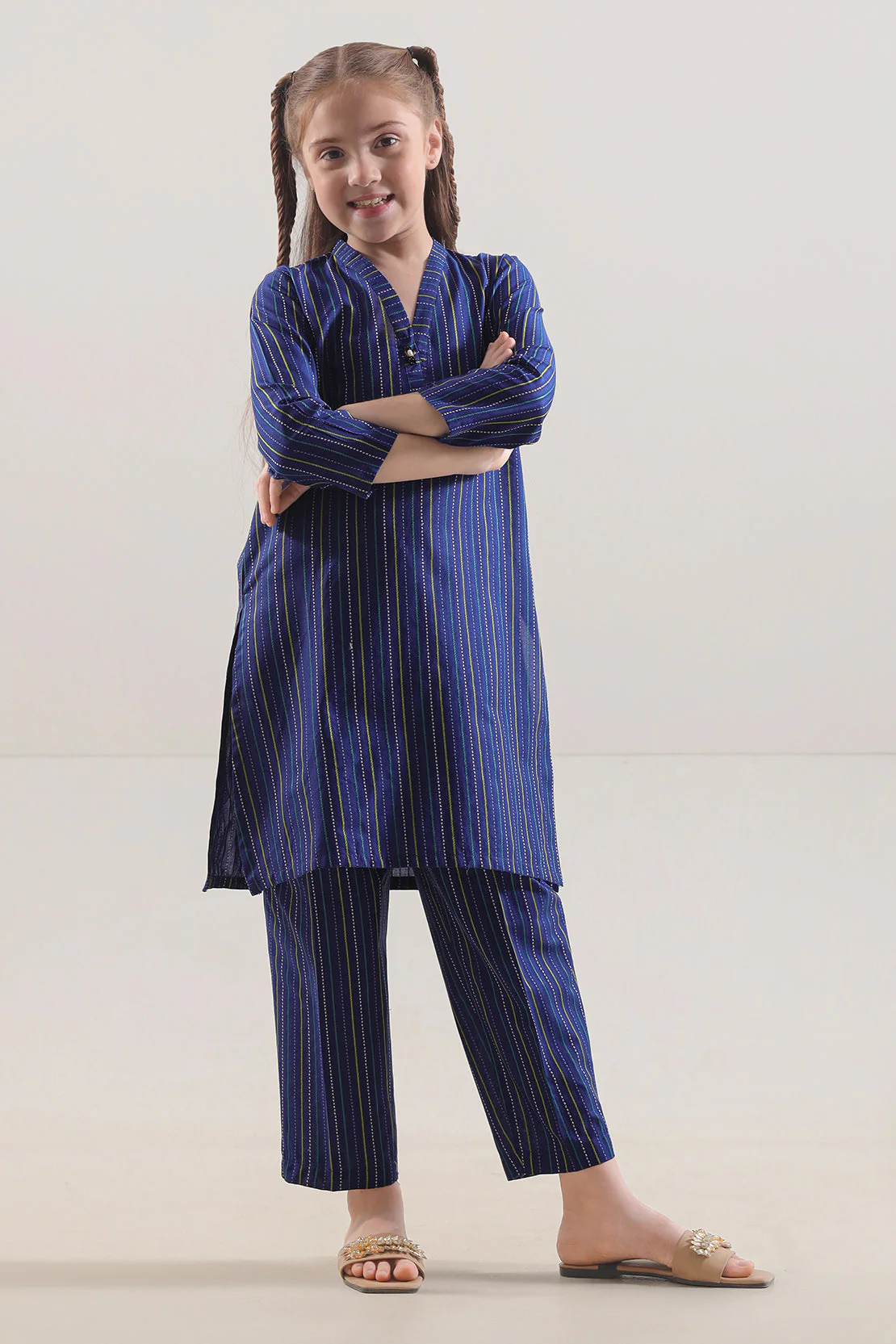 Stitched Cotton Jacquard Shirt/trouser For Kids