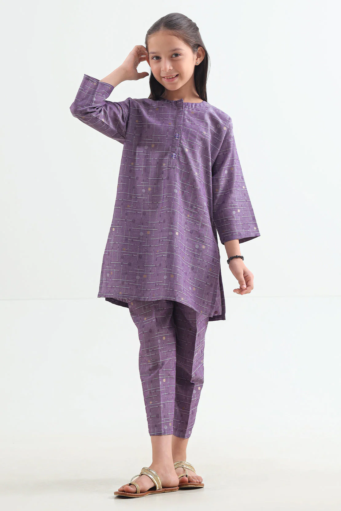 Stitched Cotton Jacquard Shirt/Trouser For Kids
