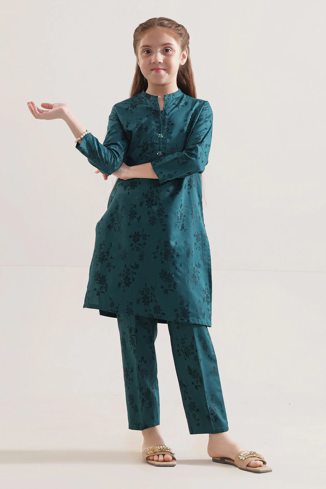 Stitched Cotton Jacquard Shirt/Trouser For Kids
