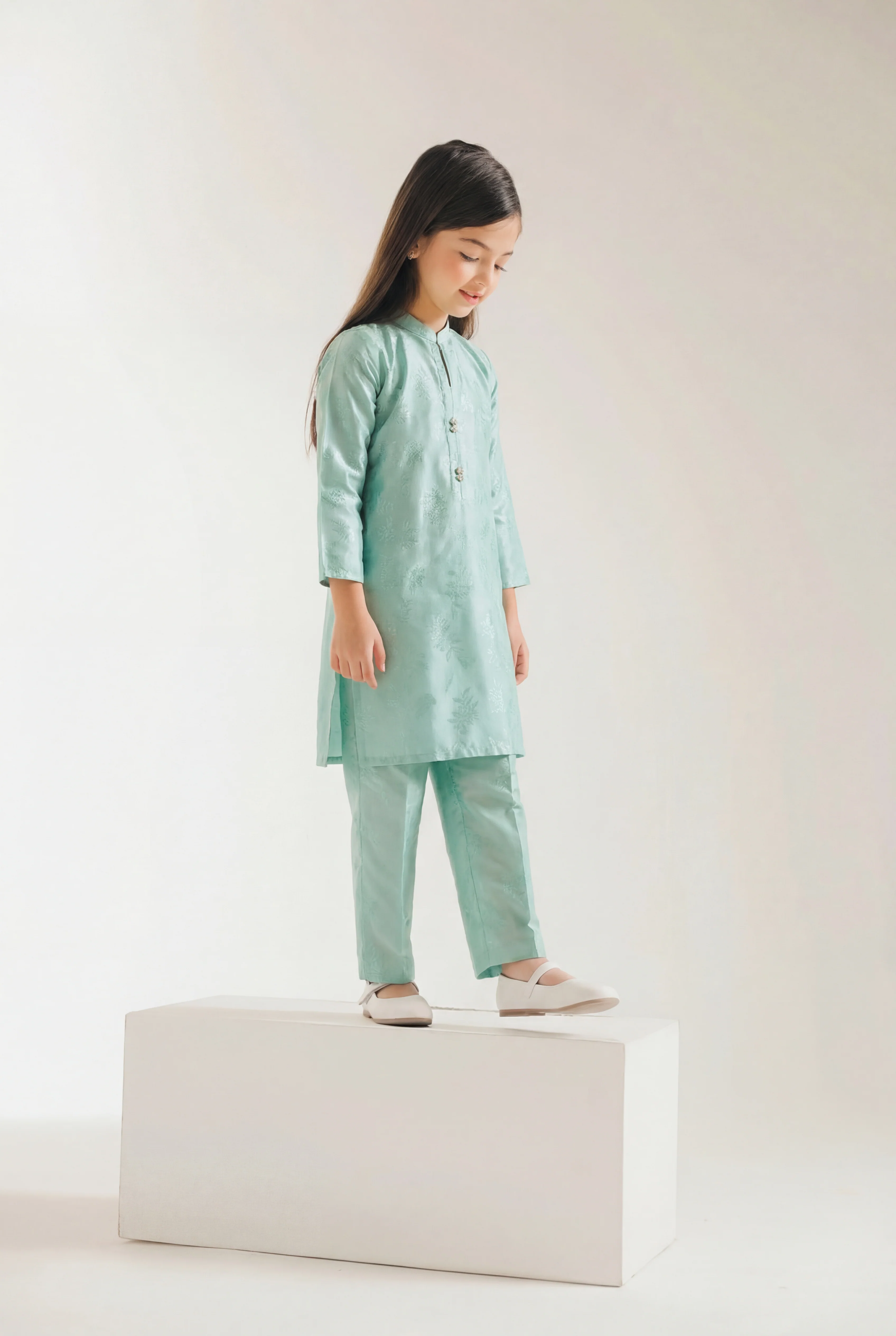 Stitched Cotton Jacquard Shirt/Trouser For Kids