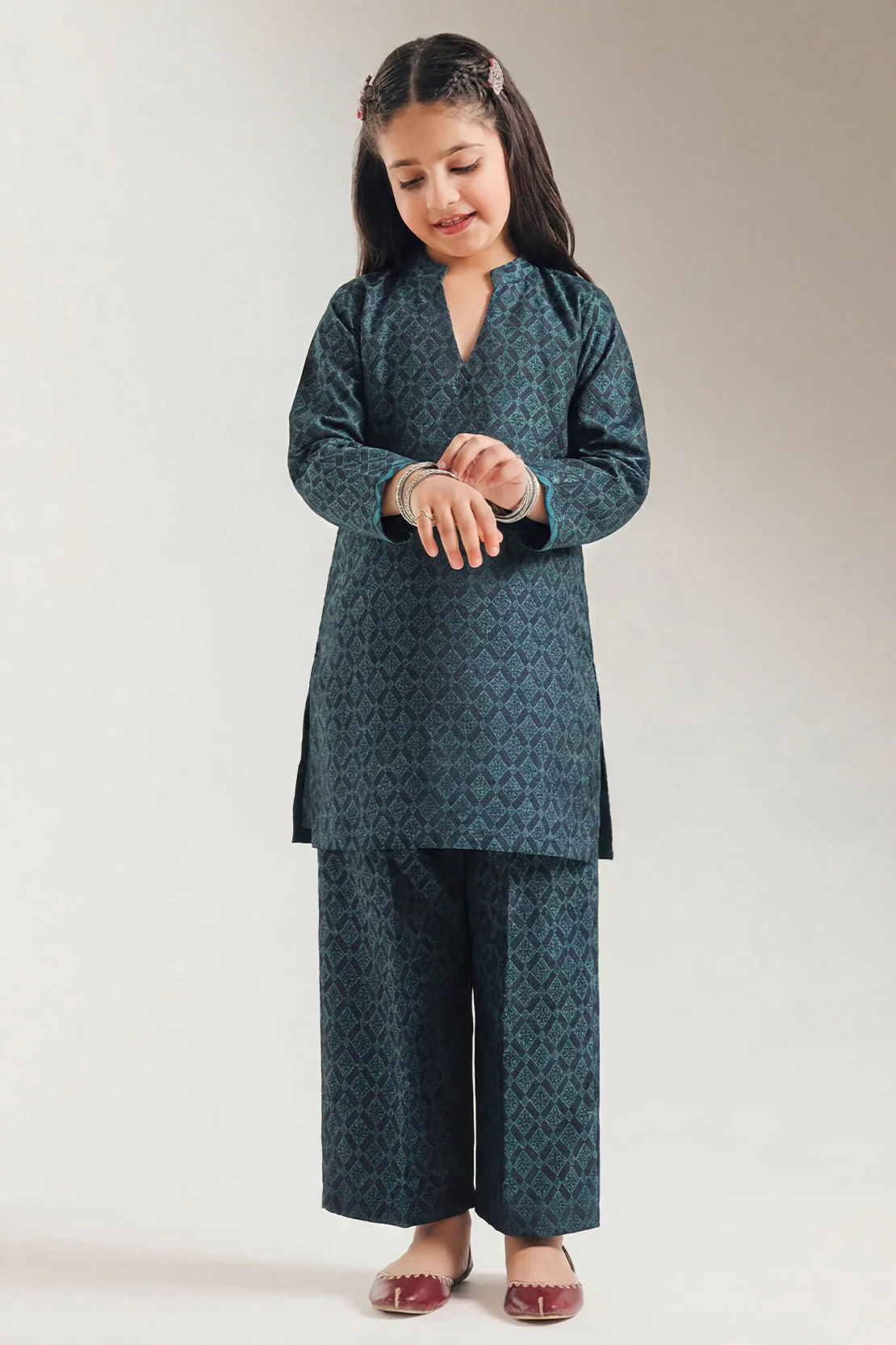Stitched Cotton Jacquard Shirt/trouser For Kids