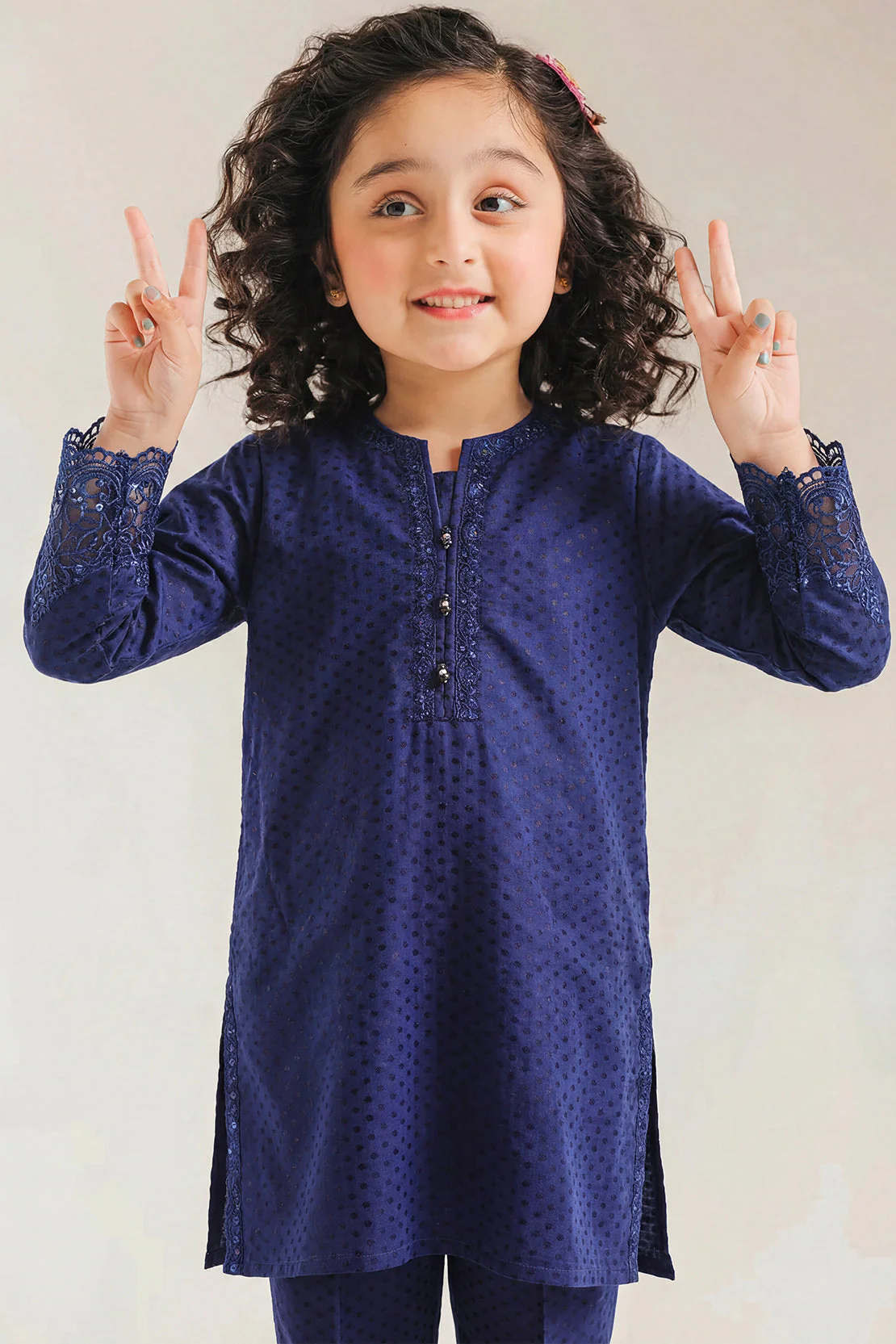 Stitched Embroidered Cotton Jacquard Shirt For Kids - Image 2