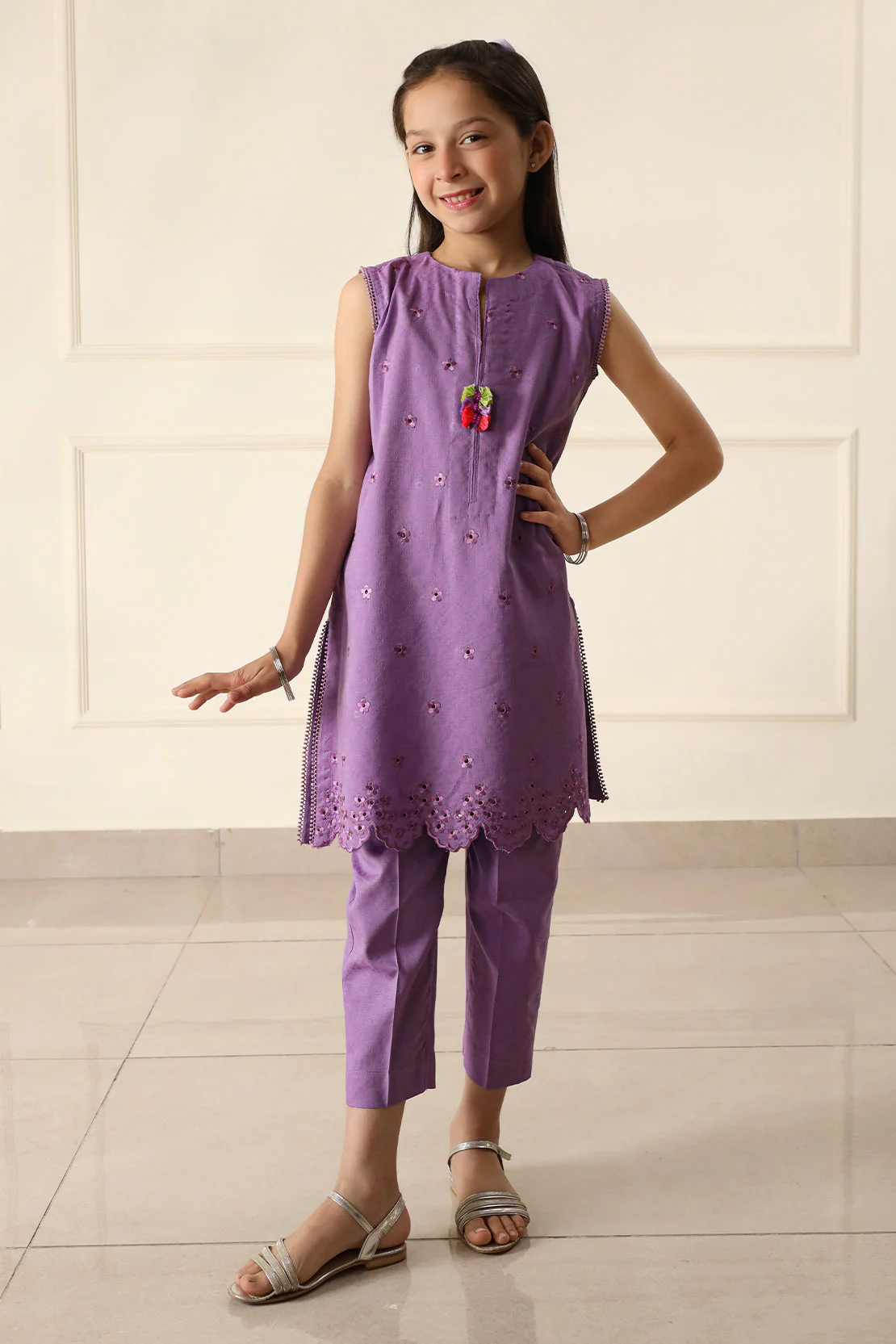 Stitched Embroidered Cotton Jacquard Shirt/Trouser For Kids - Image 3