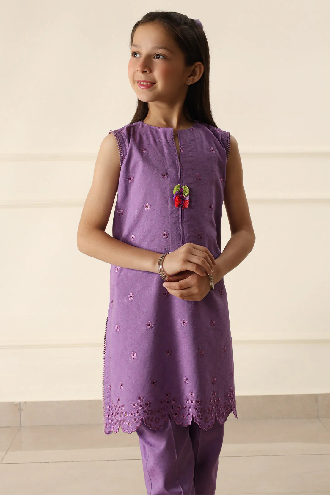 Stitched Embroidered Cotton Jacquard Shirt/Trouser For Kids - Image 4