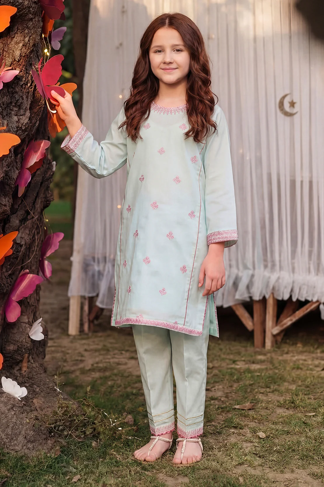 Stitched Embroidered Cotton Jacquard Shirt/Trouser For Kids - Image 2