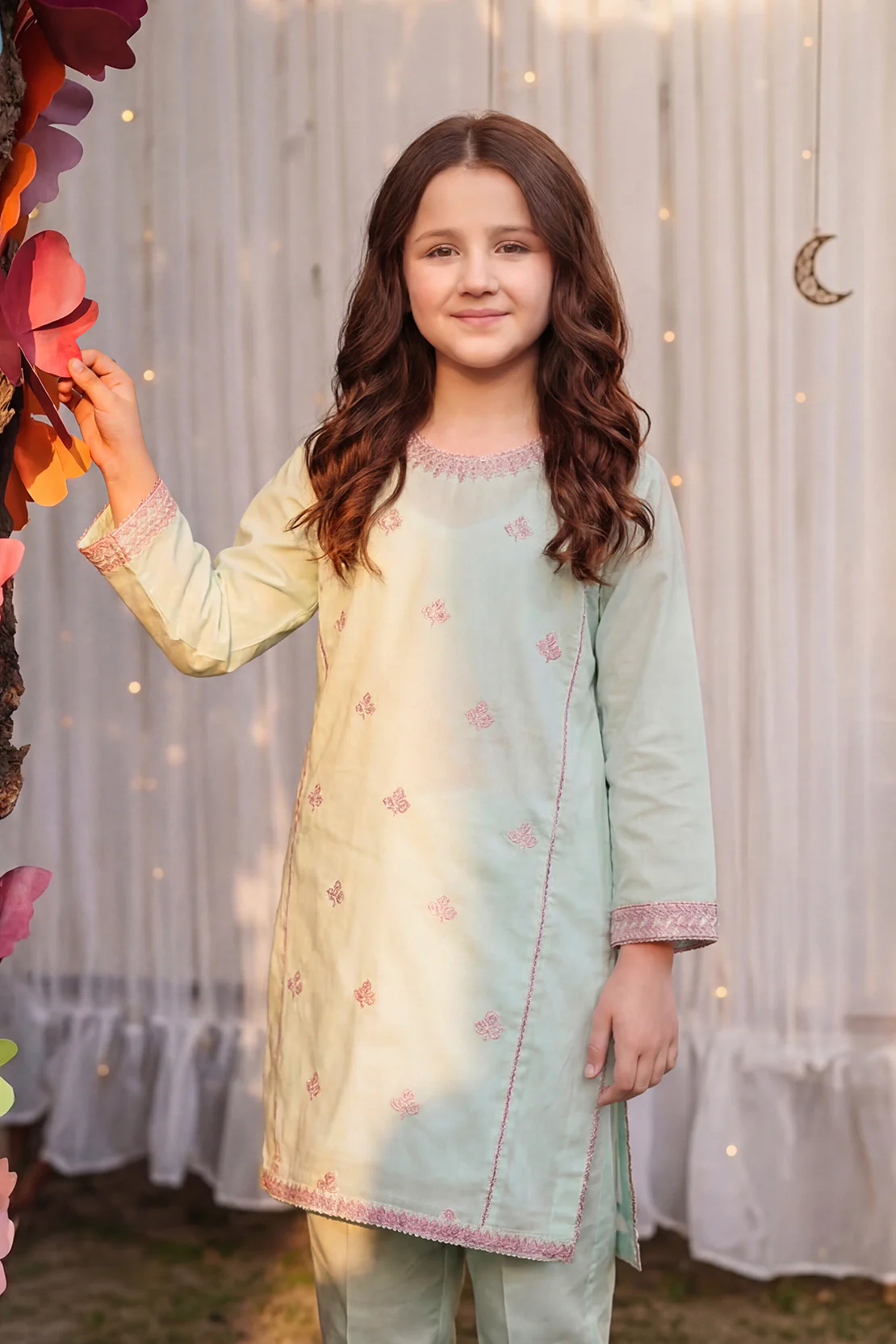 Stitched Embroidered Cotton Jacquard Shirt/Trouser For Kids - Image 3