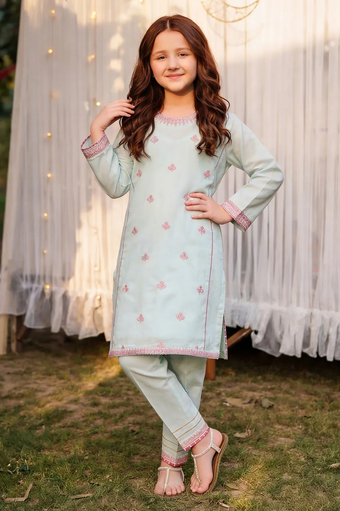 Stitched Embroidered Cotton Jacquard Shirt/Trouser For Kids - Image 4