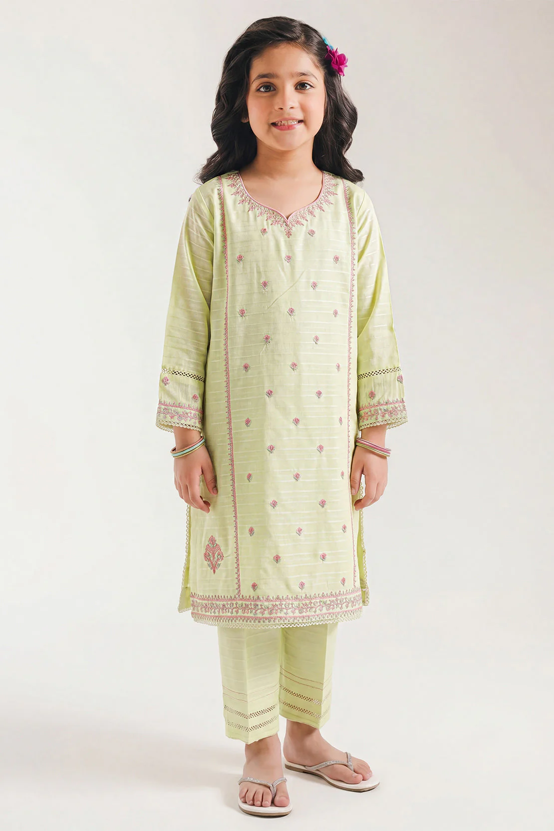 Stitched Embroidered Cotton Jacquard Shirt/Trouser For Kids - Image 3