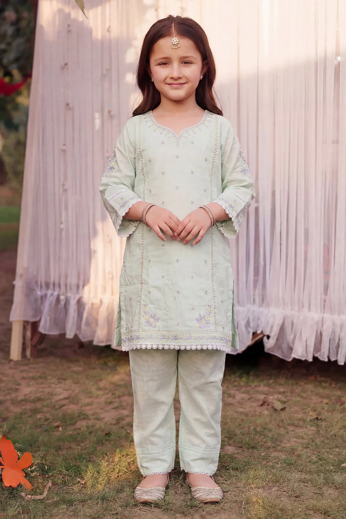 Stitched Embroidered Cotton Jacquard Shirt/Trouser For Kids - Image 2