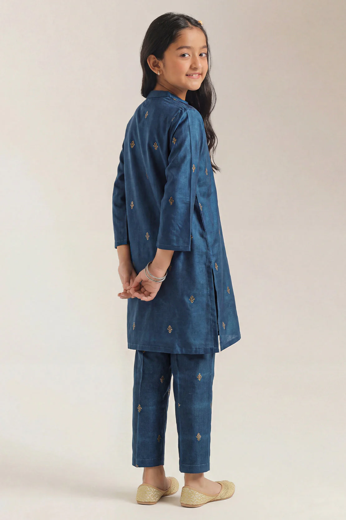 Stitched Embroidered Cotton Jacquard Shirt/Trouser For Kids - Image 2