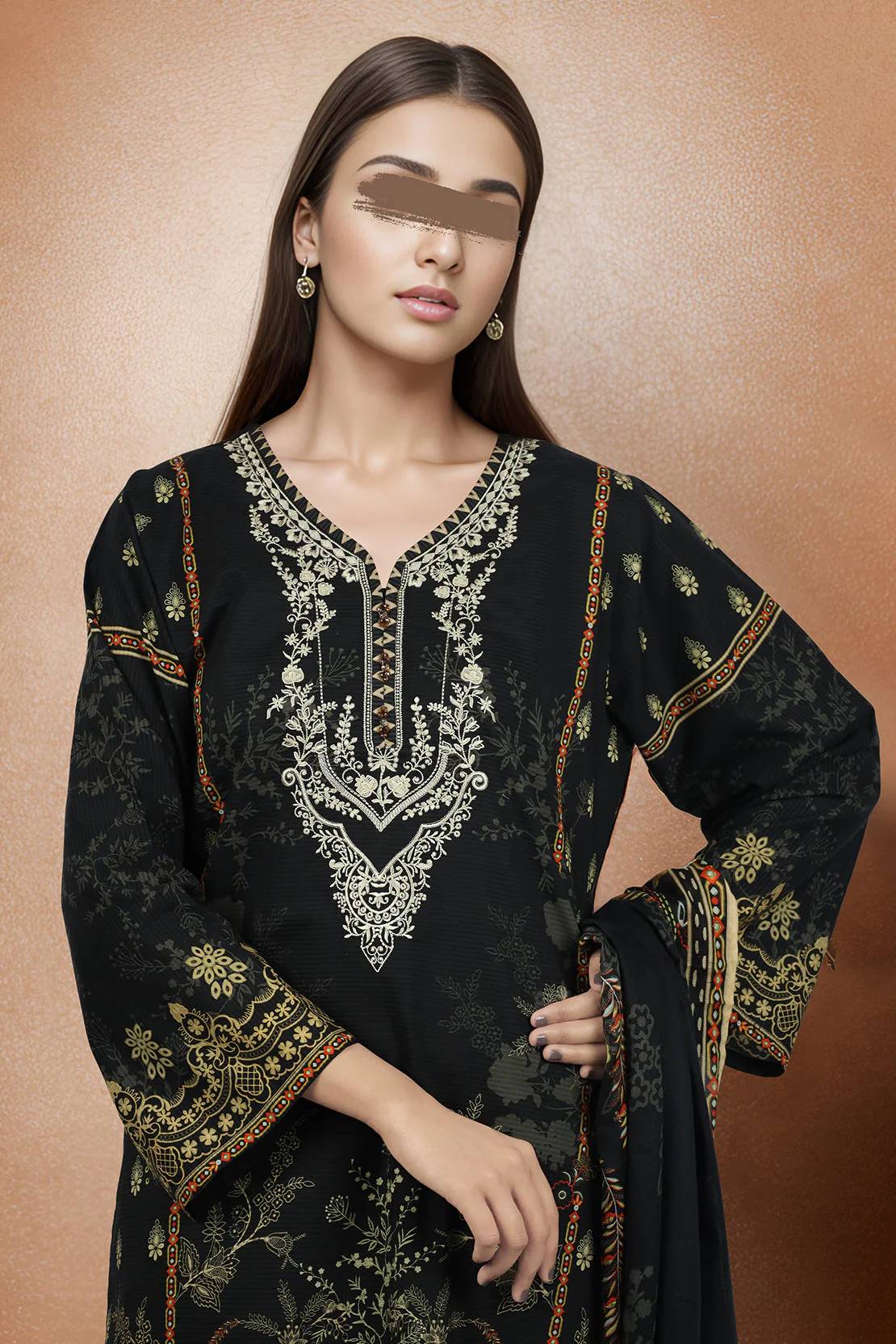 Printed Embroidered Cotton Filament Stitched 3 Piece - Image 2