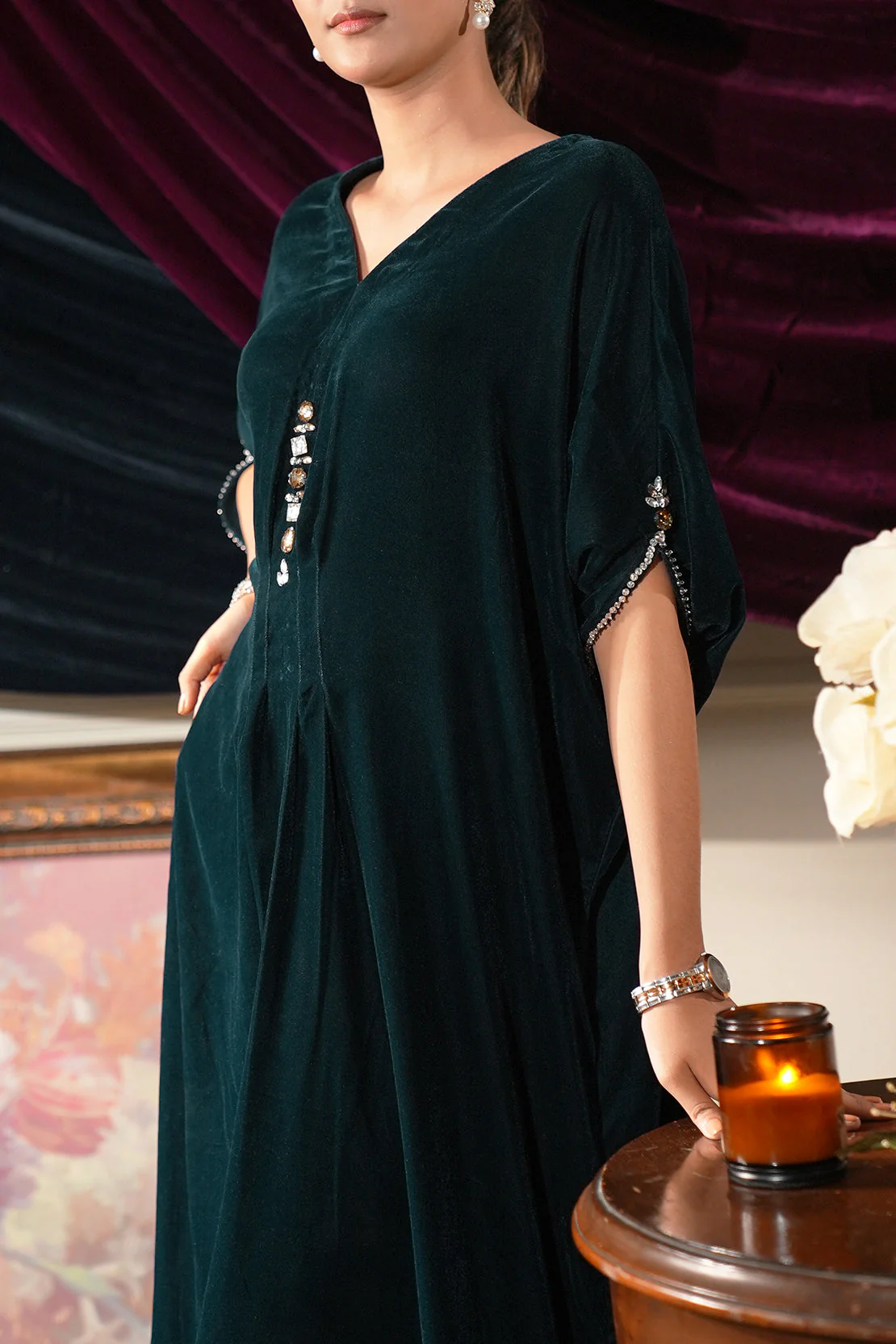 Stitched Velvet Embellished Kaftan - Image 5