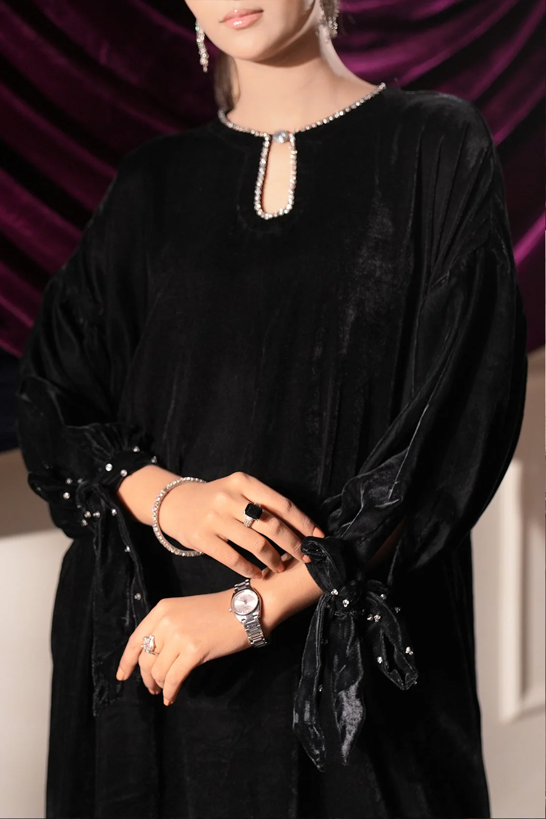 Stitched Velvet Embellished long shirt - Image 3