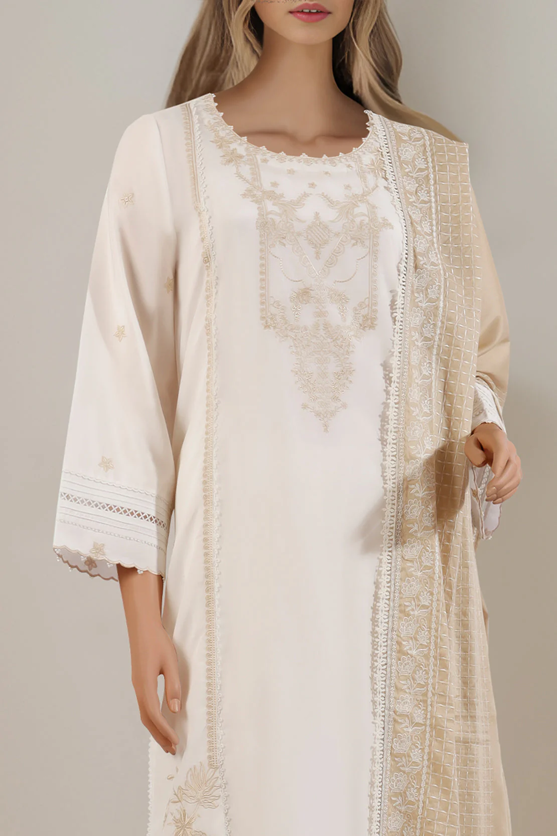 Unstitched Cotton Filament Solid Embroidered 3 Piece