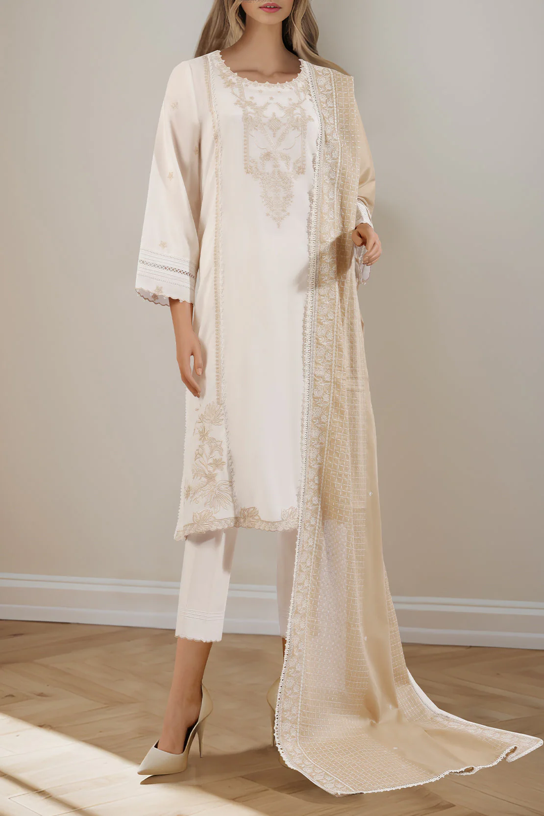Unstitched Cotton Filament Solid Embroidered 3 Piece - Image 2
