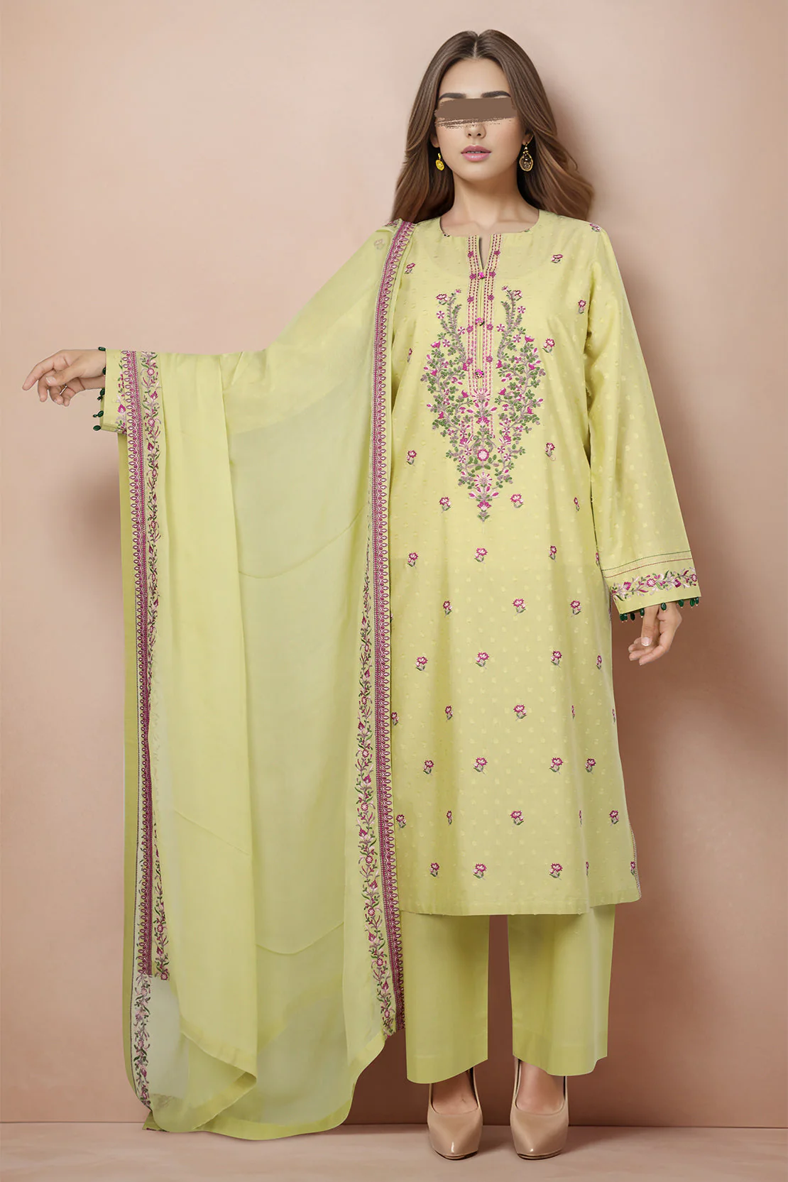 Unstitched Embroidered Self Jacquard 3 Piece with Chiffon Dupatta