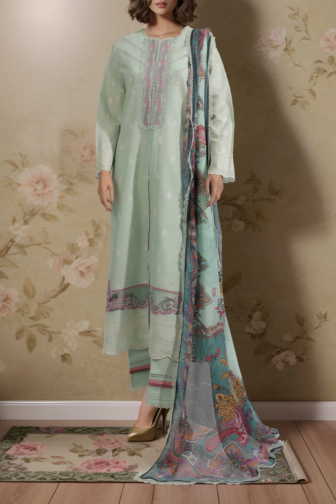 Unstitched Embroidered Cambric 2 Piece (Shirt/Dupatta) - Image 2