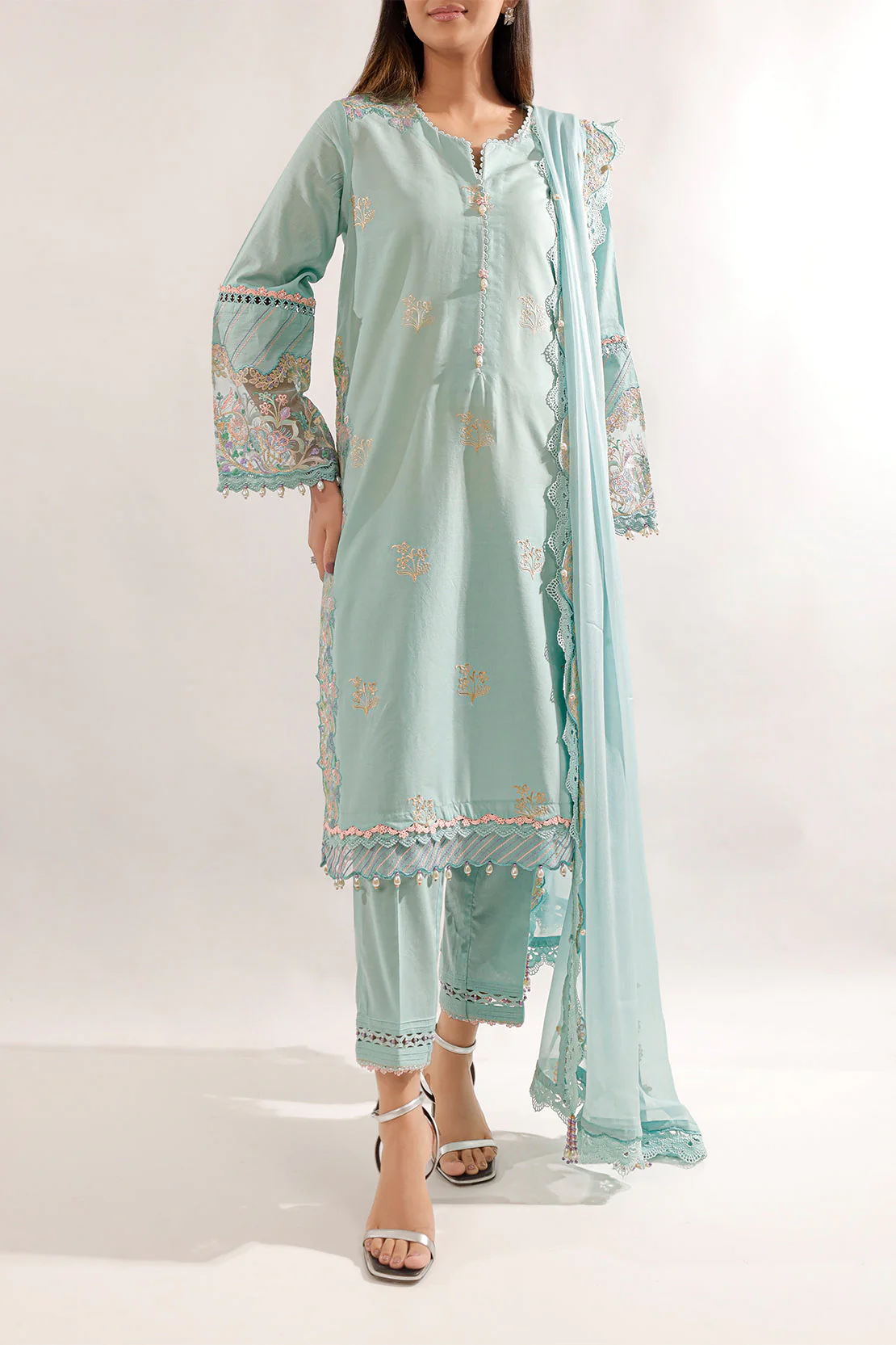 Unstitched Embroidered Cambric 3 Piece With Chiffon Dupatta - Image 3