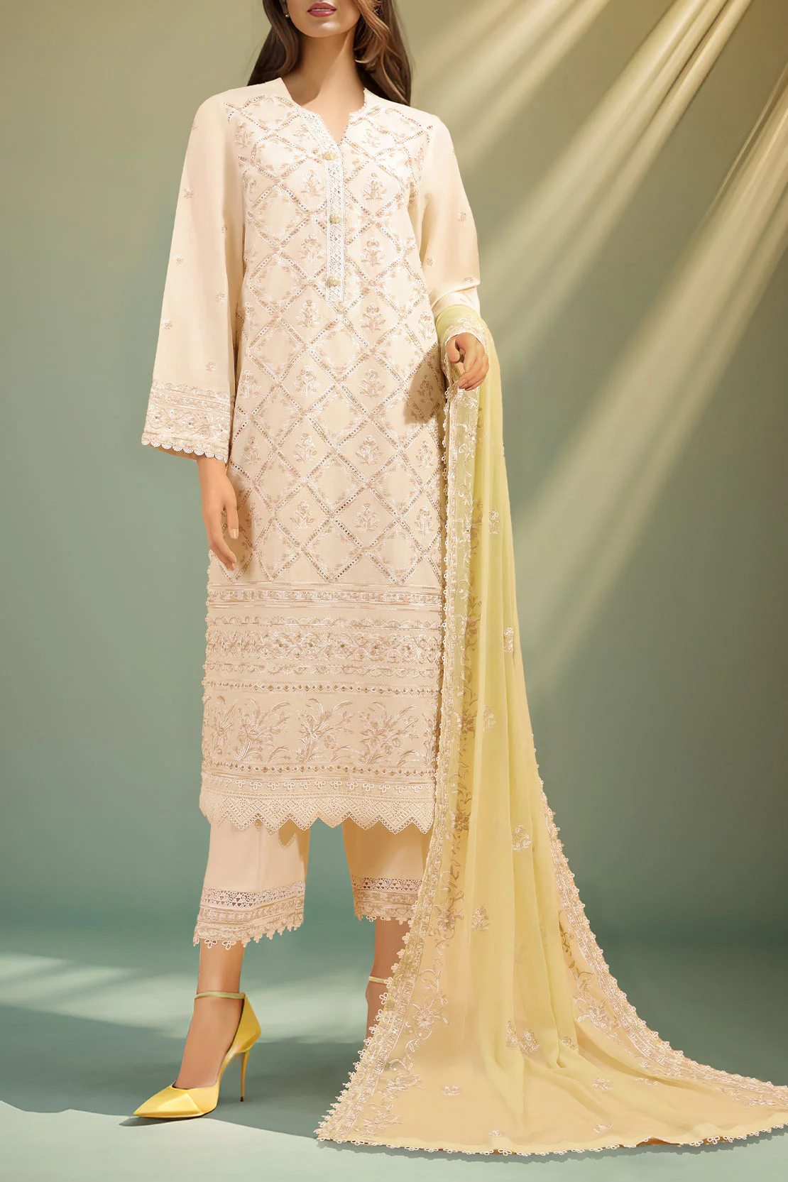 Unstitched Embroidered Cambric 3 Piece With Chiffon Dupatta - Image 2