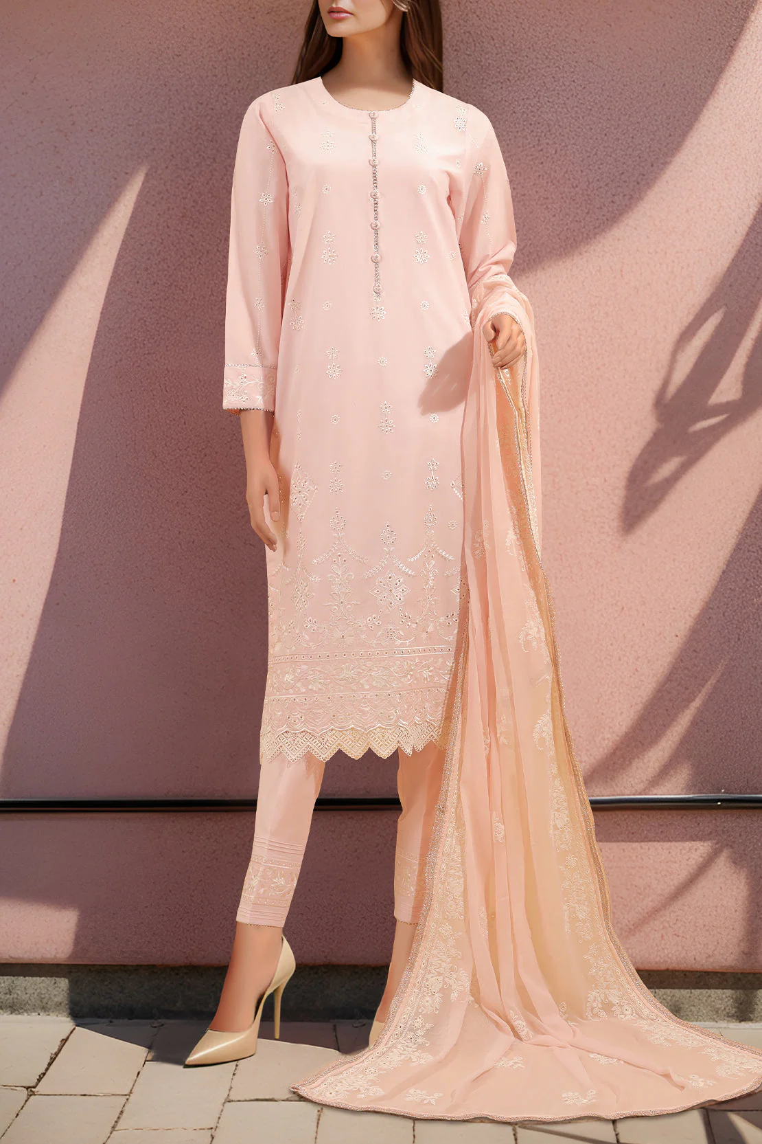 Unstitched Embroidered Cambric 3 Piece With Chiffon Dupatta - Image 2