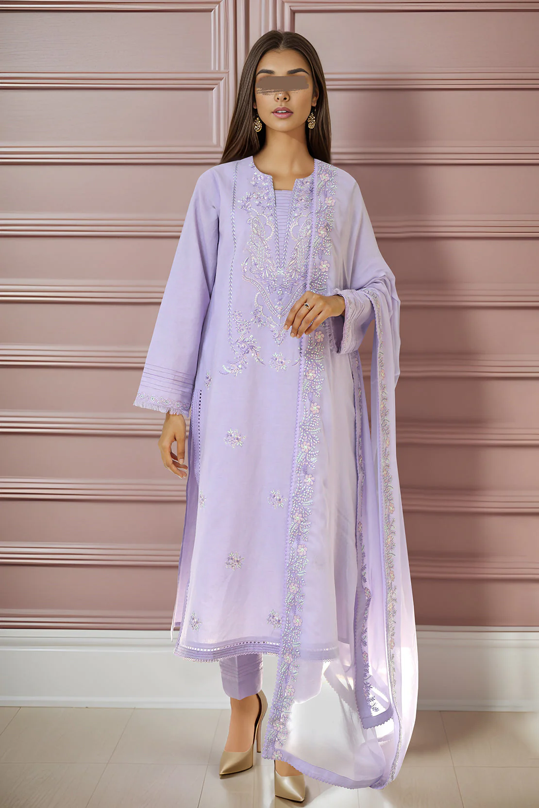 Unstitched Embroidered Cambric 3 Piece with Chiffon Dupatta