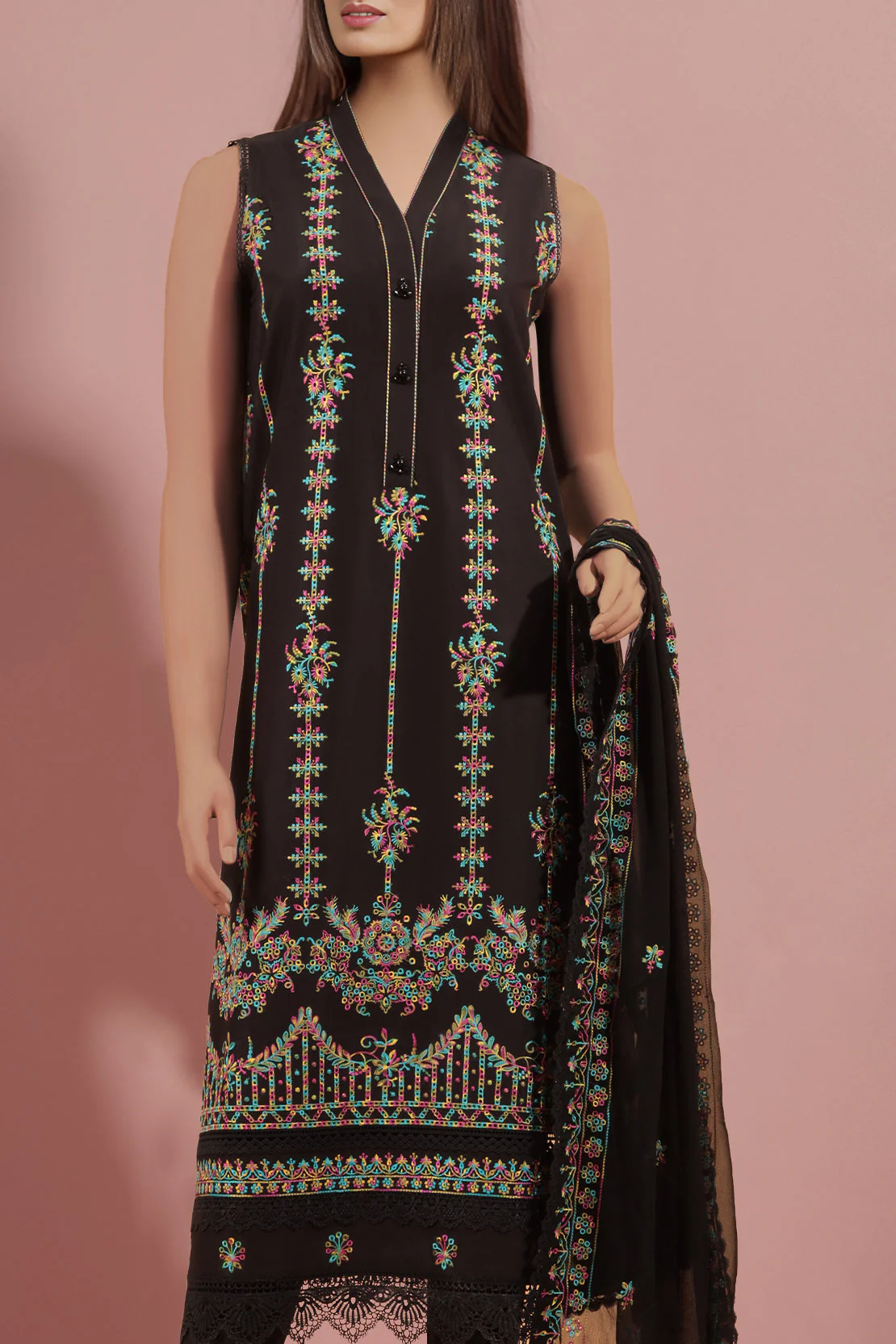 Unstitched Embroidered Cambric 3 Piece With Chiffon Dupatta